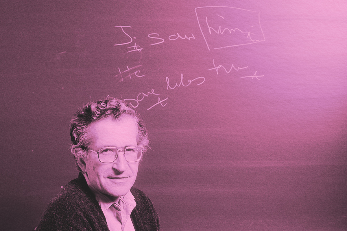 Noam Chomsky poses while in his office at M.I.T. University