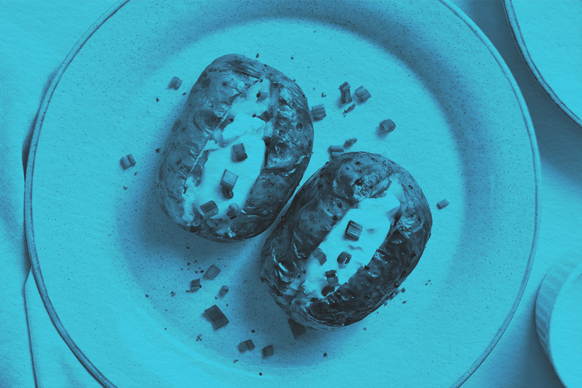 Aerial view of Baked filled potatoes