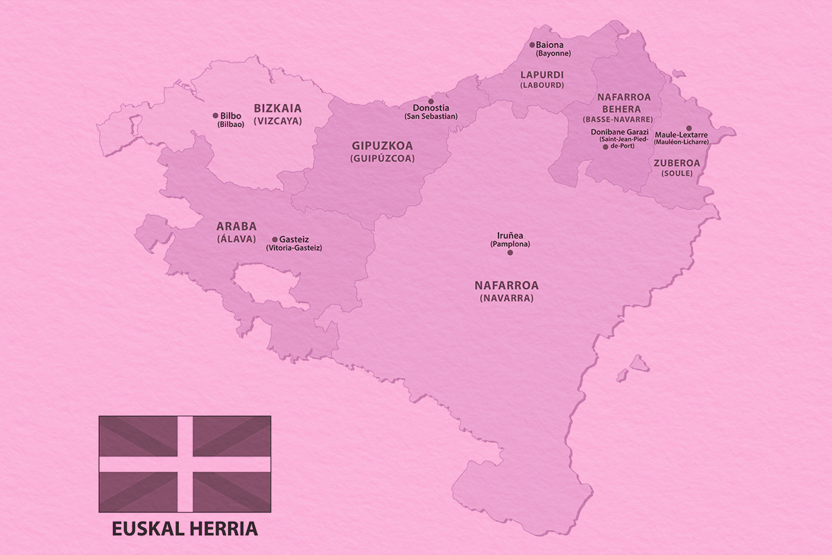 map of the french and spanish part of the basque country with flag