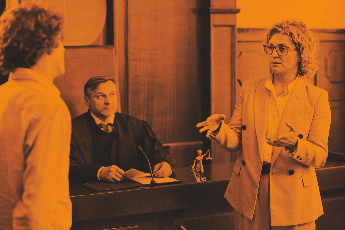 Courtroom legal case conversation