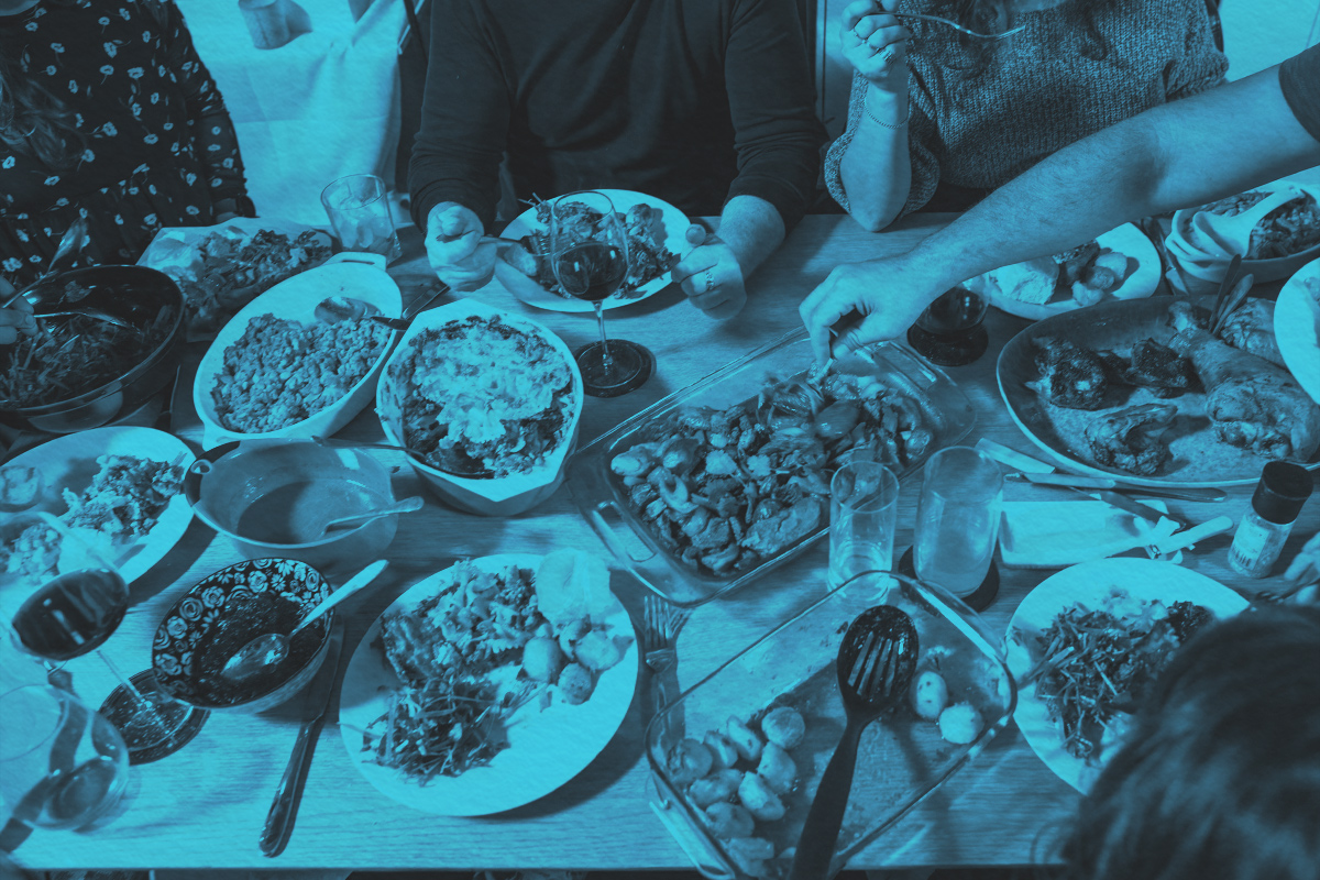 High gngle view of a loaded table at a potluck
