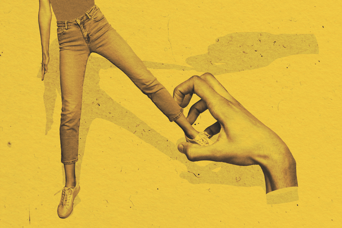 Collage image of big arms pull mini girl leg isolated on creative background