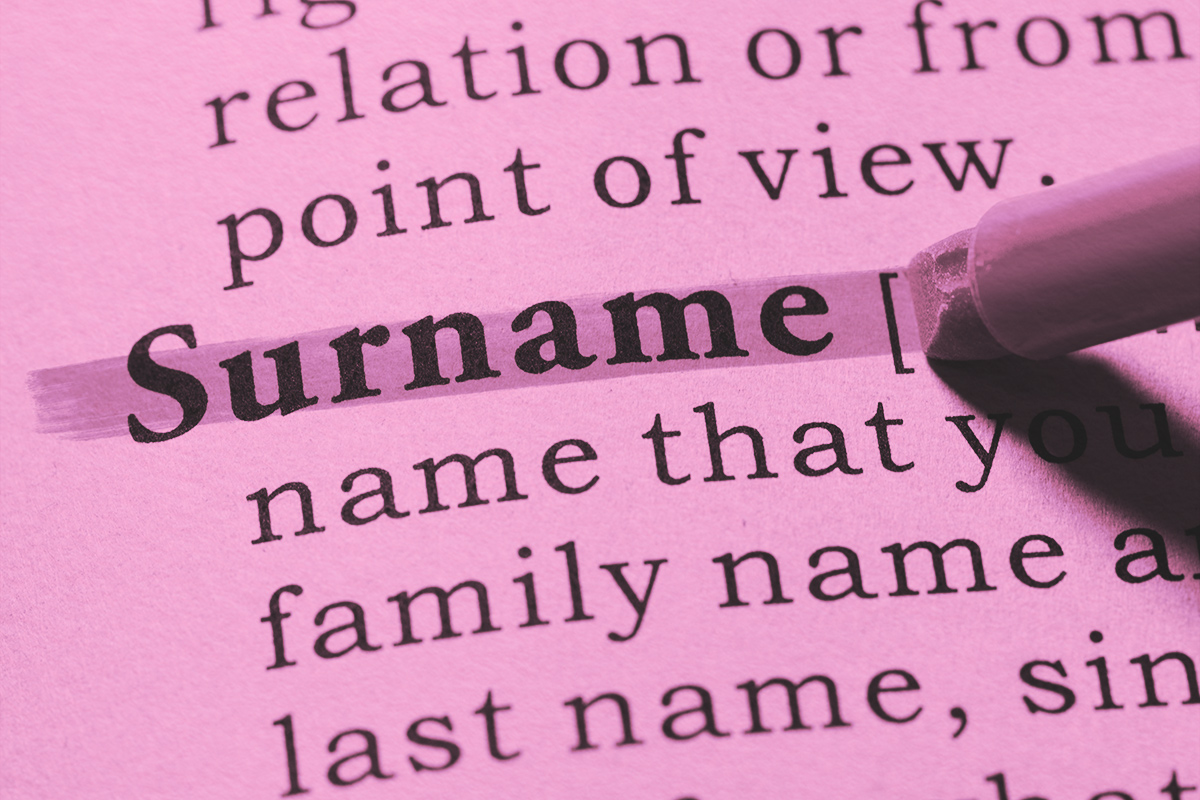 Close-up of surname in the dictionary