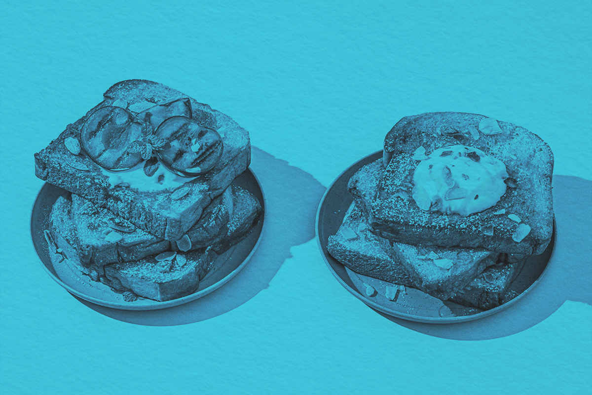 Two plates of french toast with toppings