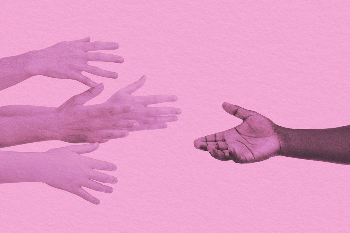 Various hands reaching out to a singular hand