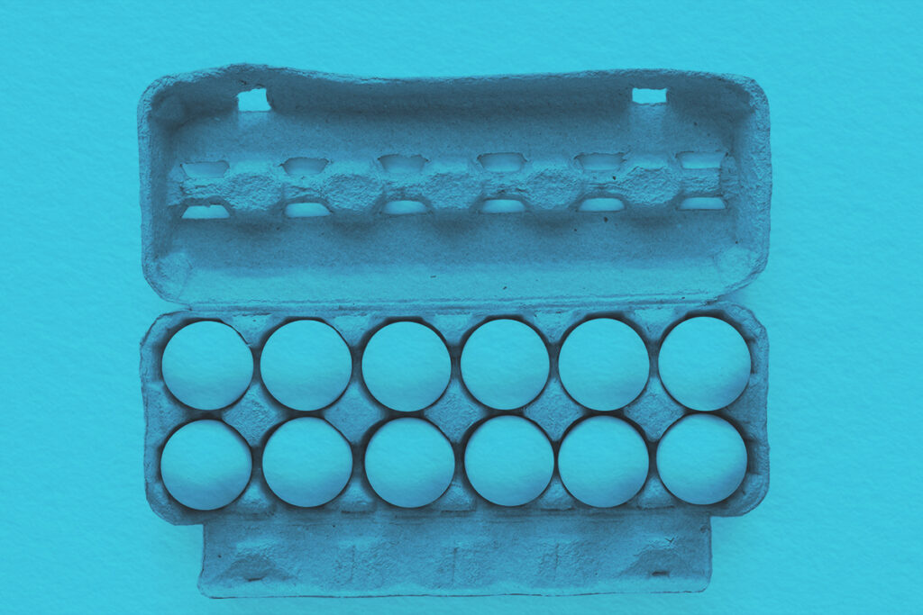 flat lay of white eggs in a carton tray